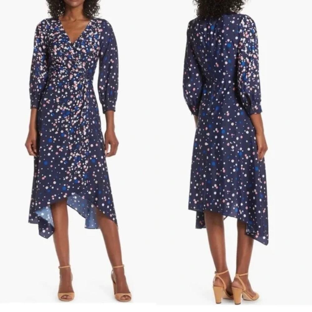 ELIZA J Navy Blue Polka Dotted Pink Faux Wrap Midi Dress V-Neck Size 10 Retro